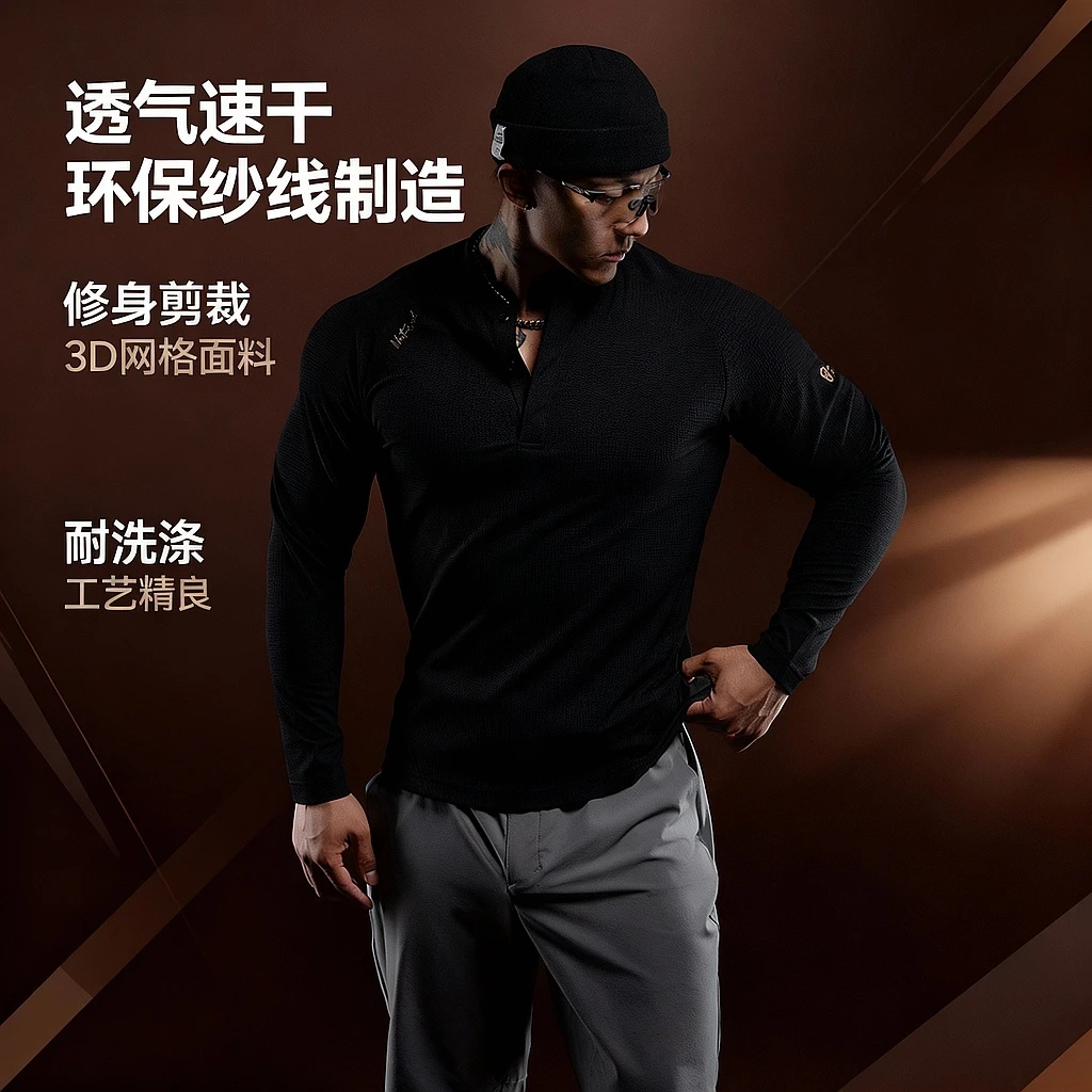 MonsterGuardians【新粉必入】美式纯色华夫格运动健身亨利领口长袖