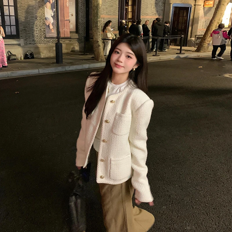 白色小香风羽绒外套女小个子2025春秋新款法式高级感羊毛短款上衣