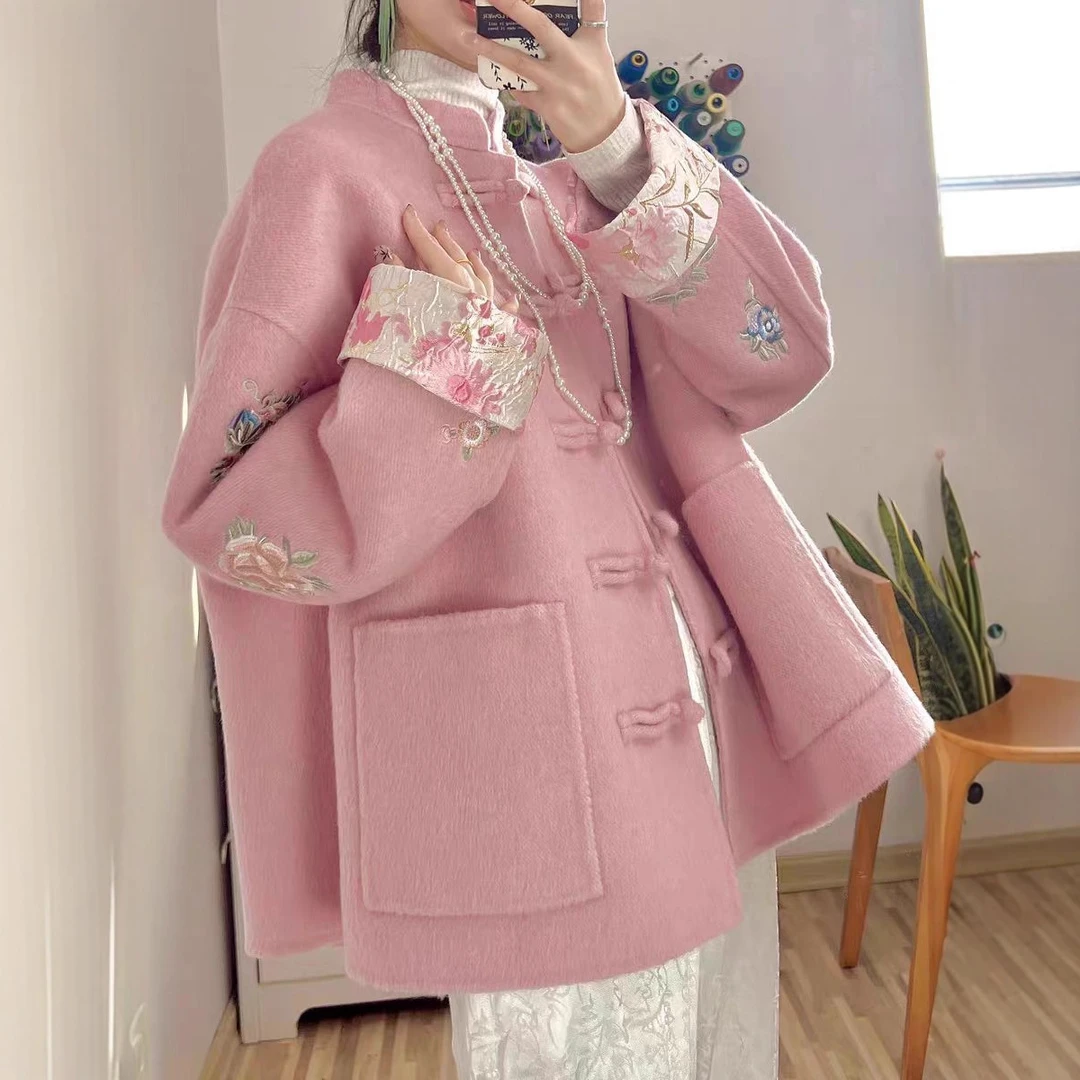 新中式双面羊绒大衣外套女粉色刺绣盘扣唐装中国风新年拜年服成人