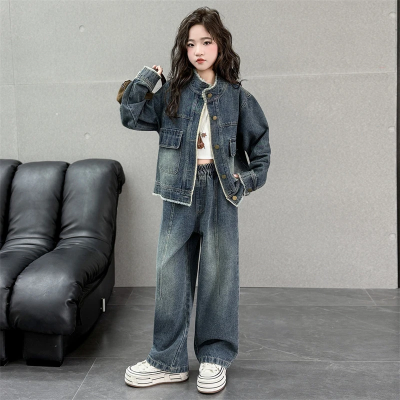 女童春秋洋气牛仔套装2025秋季新款女孩秋装毛边外套直筒裤两件套