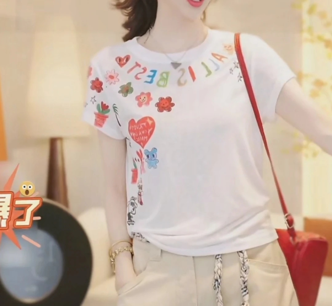 『爱心字母』夏季时尚卡通涂鸦薄款莱赛尔舒适短袖t恤
