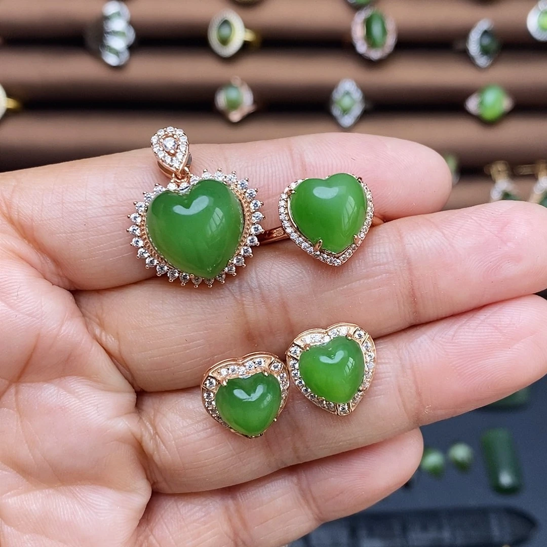 吊坠(不含链)银S925镶嵌和田玉（碧玉）套装