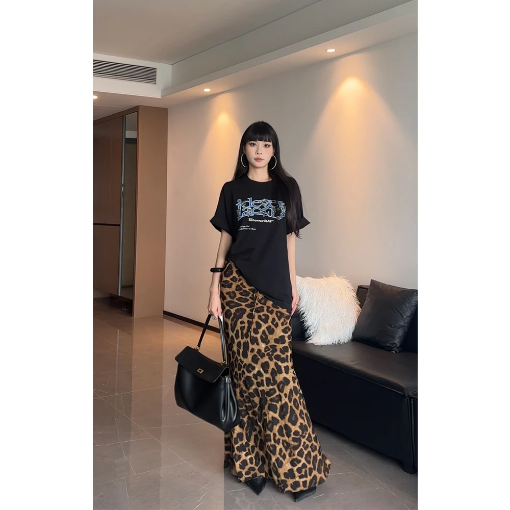 【JUJU】“辣妹豹纹”美式松紧腰宽松显瘦垂感长款半身鱼尾裙春夏季