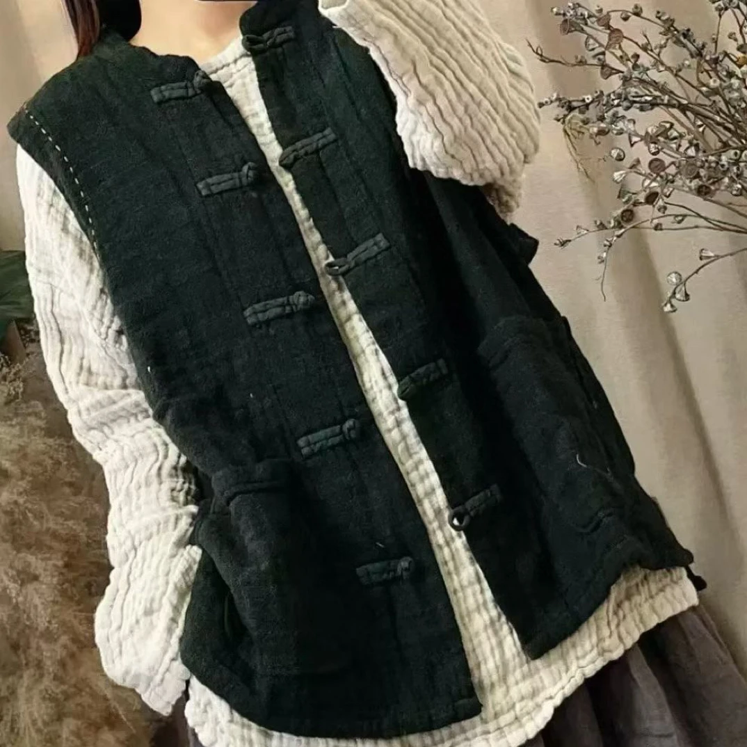 复古双层复合麻对襟盘扣无袖坎肩秋季宽松显瘦马甲长66 胸围128