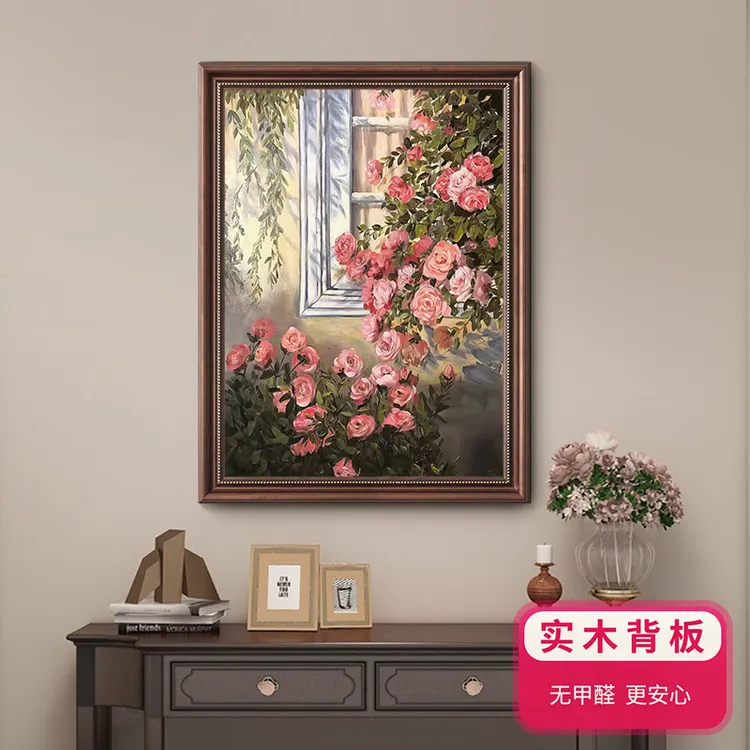 《暖阳蔷薇》美式花卉玄关装饰画入户过道楼梯挂画餐厅肌理油画