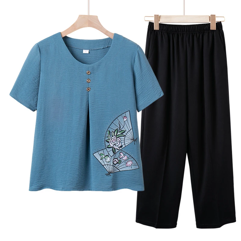 中老年女装短袖套装2025新款夏装妈妈绵绸两件套老年上衣太太衣服