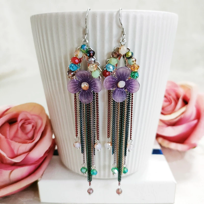 铜合金耳饰 民族风手工气质花瓣长流苏耳环1131