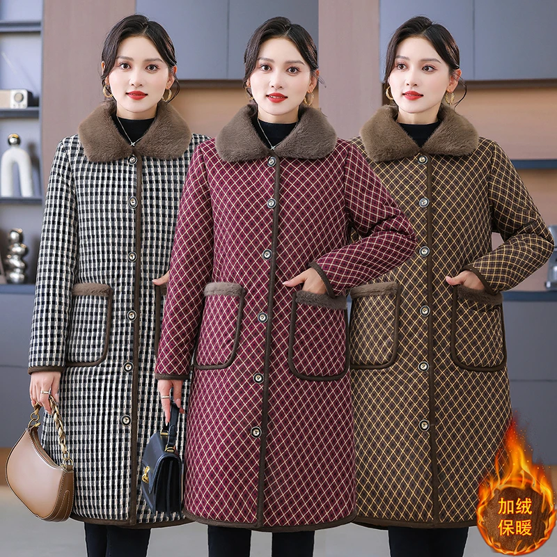 过膝长款中老年女装冬季加绒加厚棉衣保暖加绒女士外套时尚妈妈装