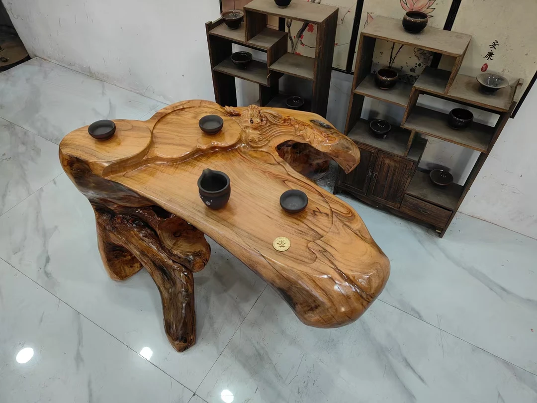 D2803香樟木整体根雕茶台阳台客厅家用茶几年年有余90-60-62厘米