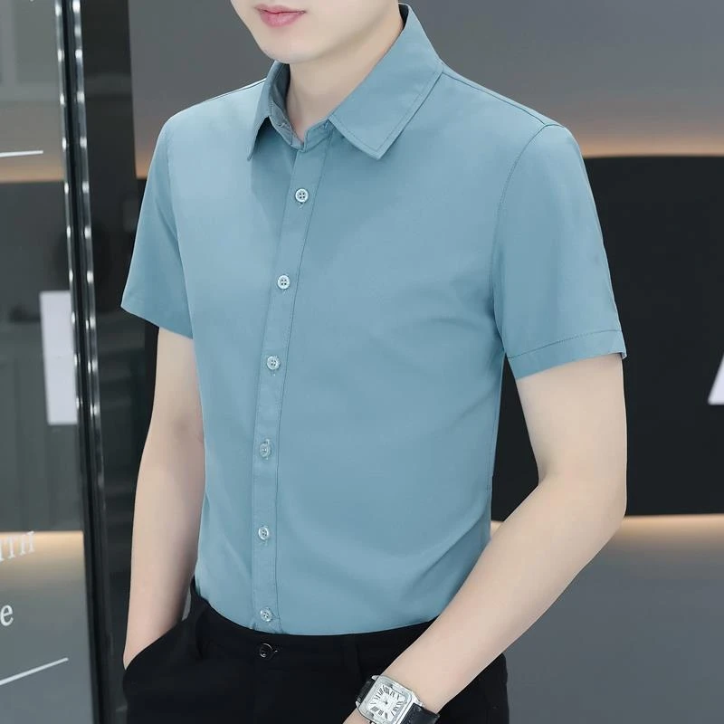CHAOZOU 纯色衬衫男士夏季短袖冰丝凉爽高级感弹力半袖衬衣免烫抗