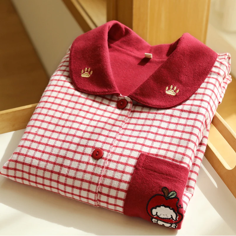 女士纯棉磨毛睡衣秋冬季简约磨毛休闲家居服长袖可外穿套装258619