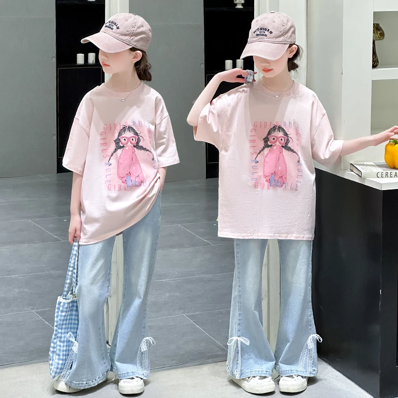 女童夏装短袖套装2025新款洋气休闲儿童T恤牛仔裤夏季薄款两件套