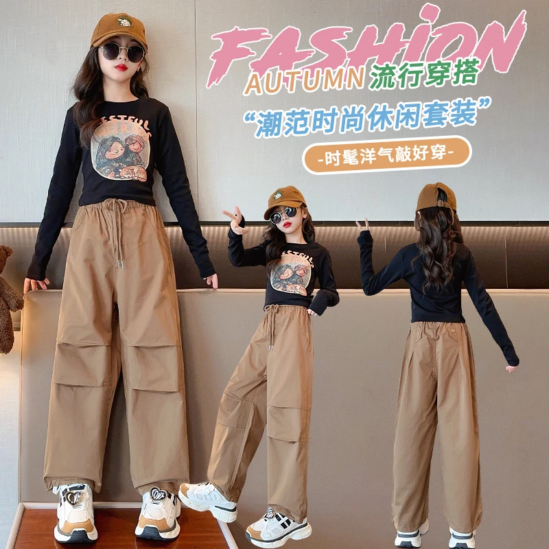 女童韩系洋气春秋款儿童时髦休闲修身短款童装中大童长袖工装裤套