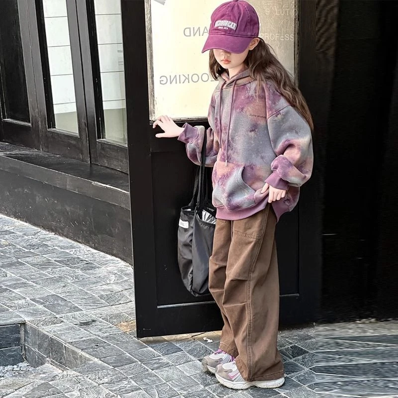 女童加绒卫衣秋冬连帽宽松2025新款潮酷穿搭大童加厚扎染上衣