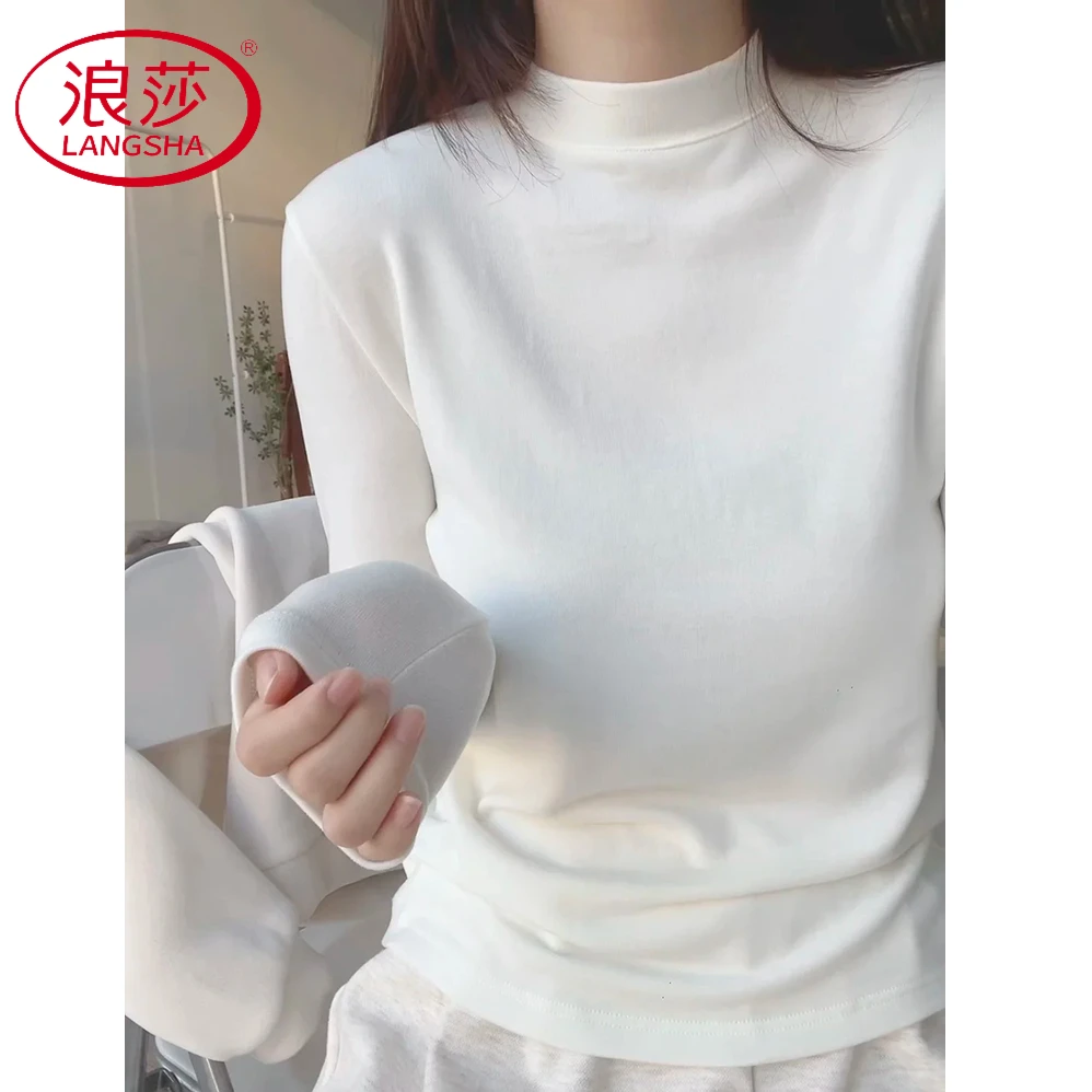 浪莎白色小立领打底衫女秋冬天德绒保暖内搭修身显瘦长袖T恤上衣
