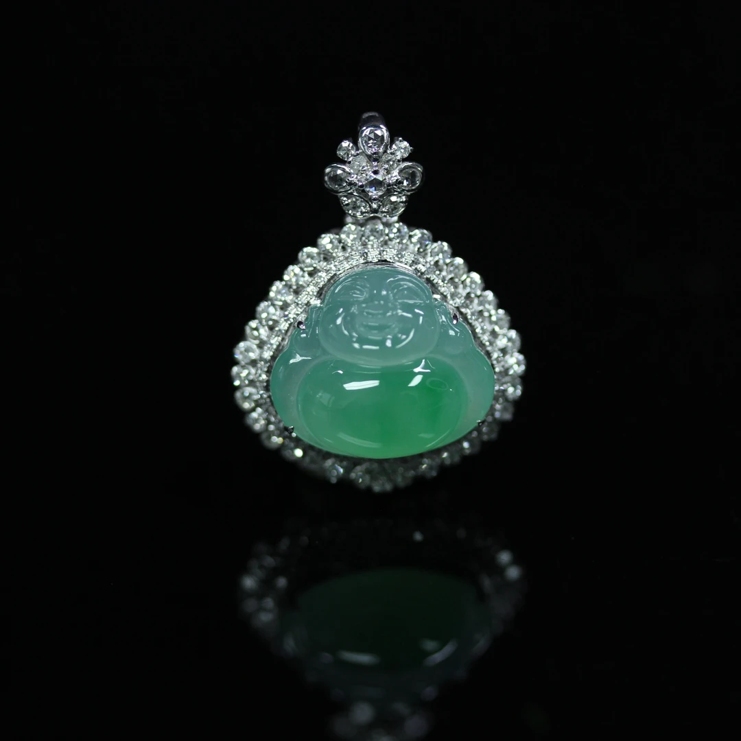 天然缅甸翡翠A货18K白金镶冰阳绿善缘广进佛公吊坠/01018952/拍卖