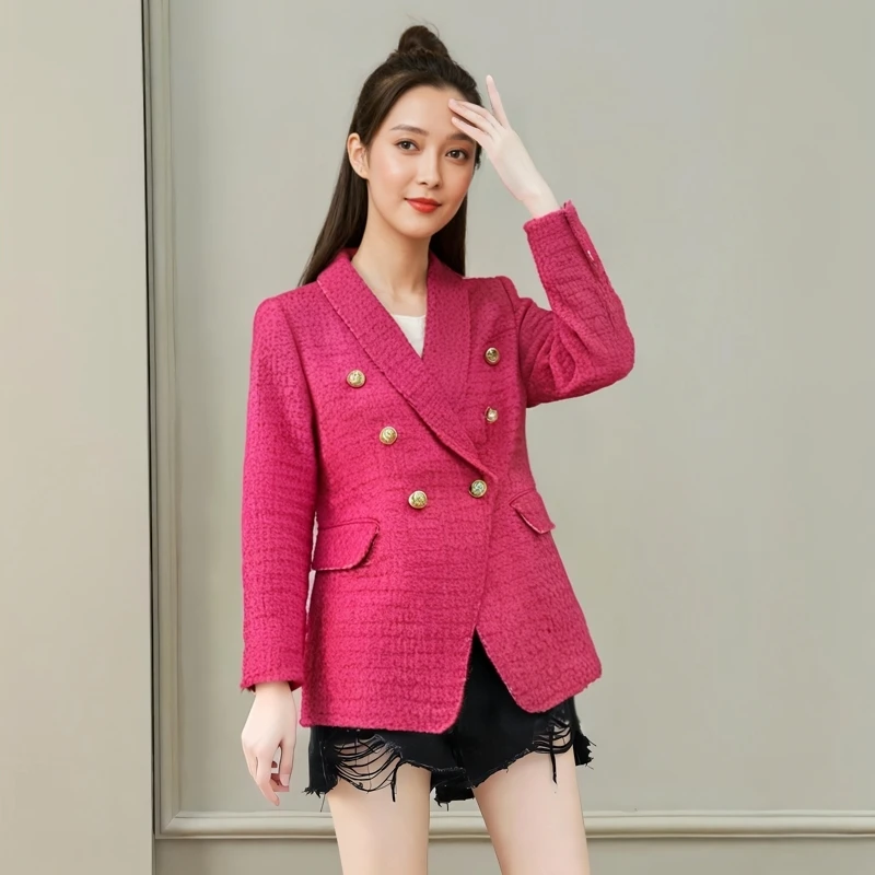 2025春秋新款修身青果领毛呢外套气质含羊毛双排扣西装晚会小西服