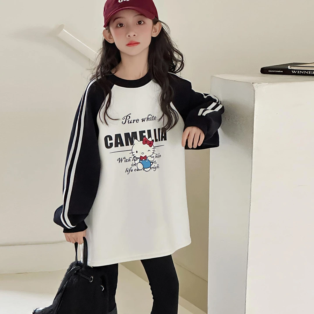 女童秋冬织带猫咪加绒卫衣2025新款5-14岁女孩韩版宽松打底加厚潮