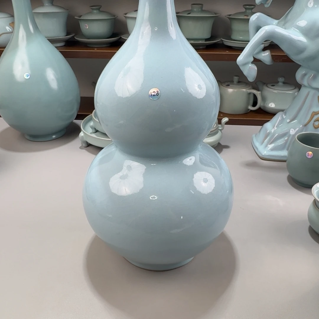 其他瓷大瑕汝窑天青釉大号葫芦瓶编号126