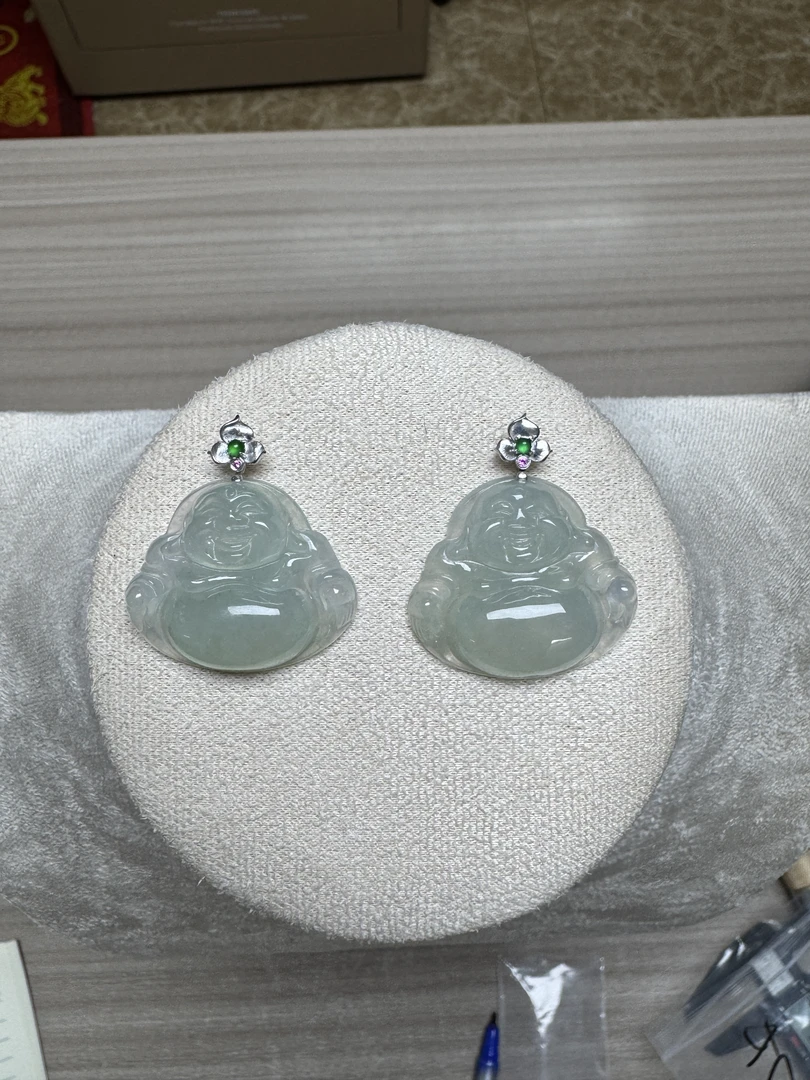 宝洲富艺K白绿点冰翡翠佛公吊坠轻奢翡翠弥勒佛挂件多样性（发1件