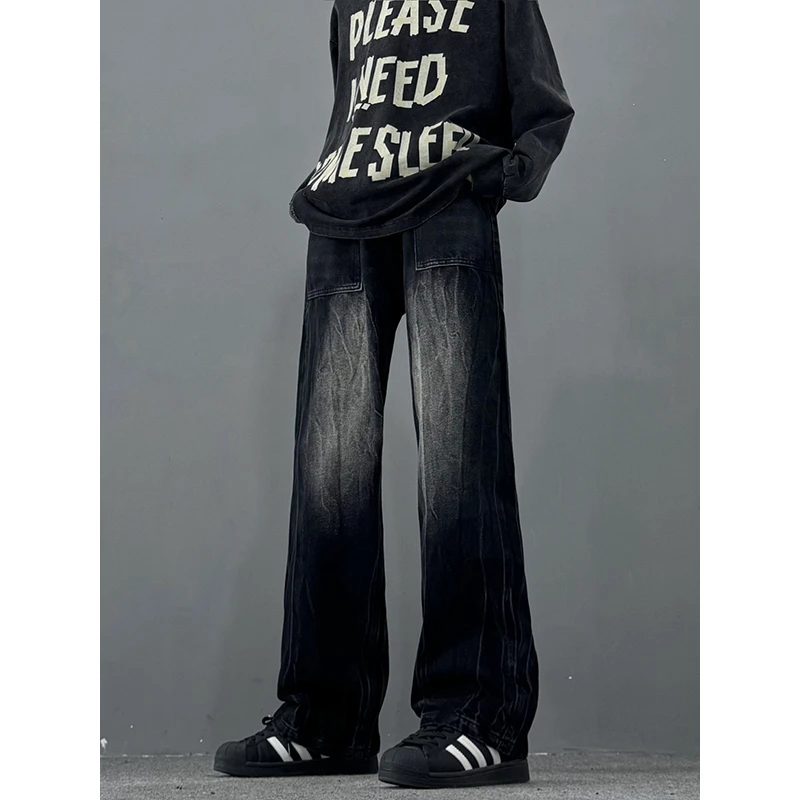 黑灰色渐变闪电纹牛仔裤男款夏季美式高街痞帅裤子水洗宽松直筒裤