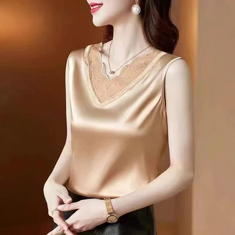 新款30024吊带背心女打底宽松内搭小衫外穿夏季无袖T恤蕾丝V领