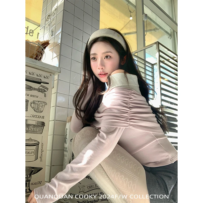 圈圈cooky  清冷钓系 斜领针织衬衫露肩上衣L0584C