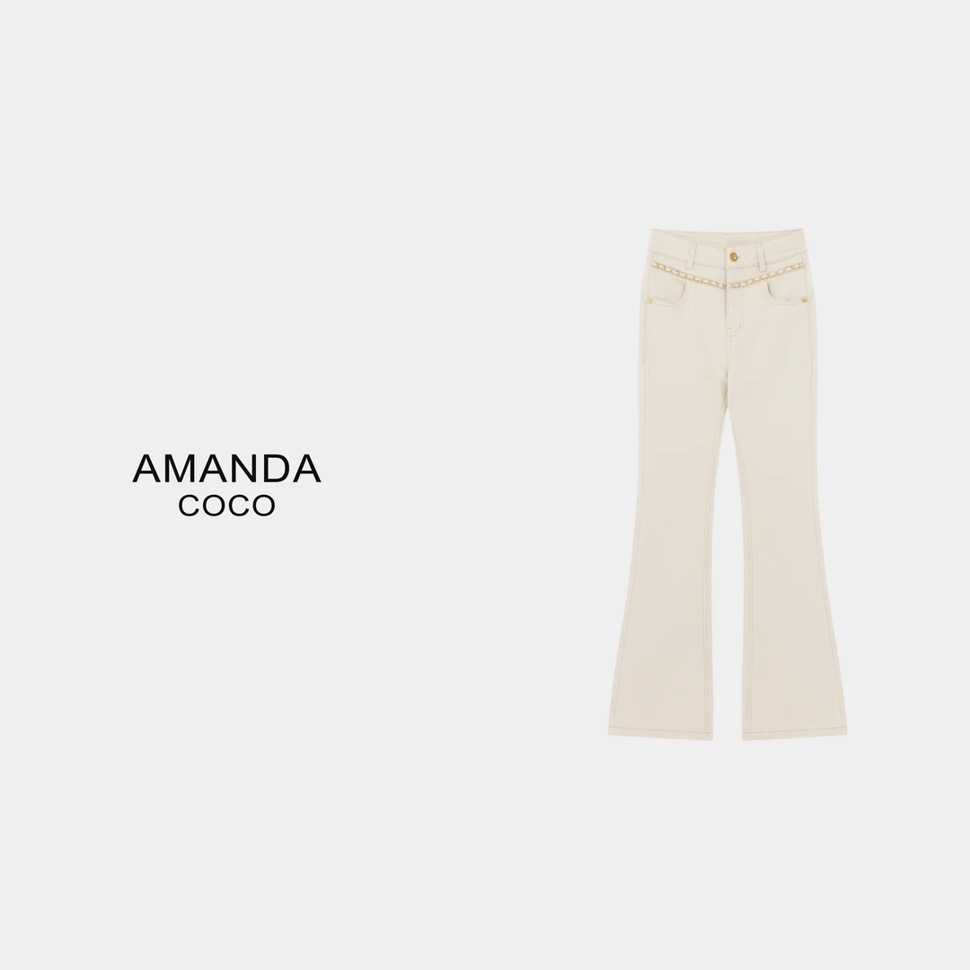 潇潇# 挪威街区～25秋冬设计感手缝链条加绒高腰微喇牛仔裤