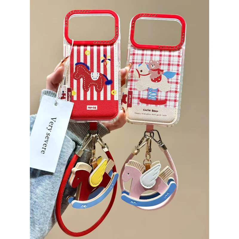 新年红条纹烟花小马小熊手拎绳适用苹果17promax手机壳15iphone16