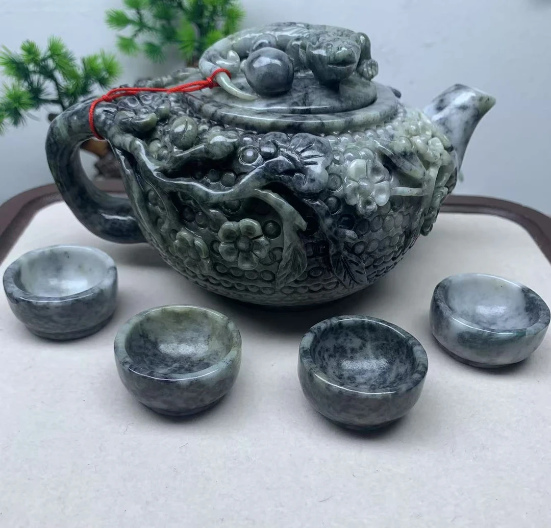 天然缅甸翡翠A货仿古茶壶摆件（乌鸡料）配有四个小杯