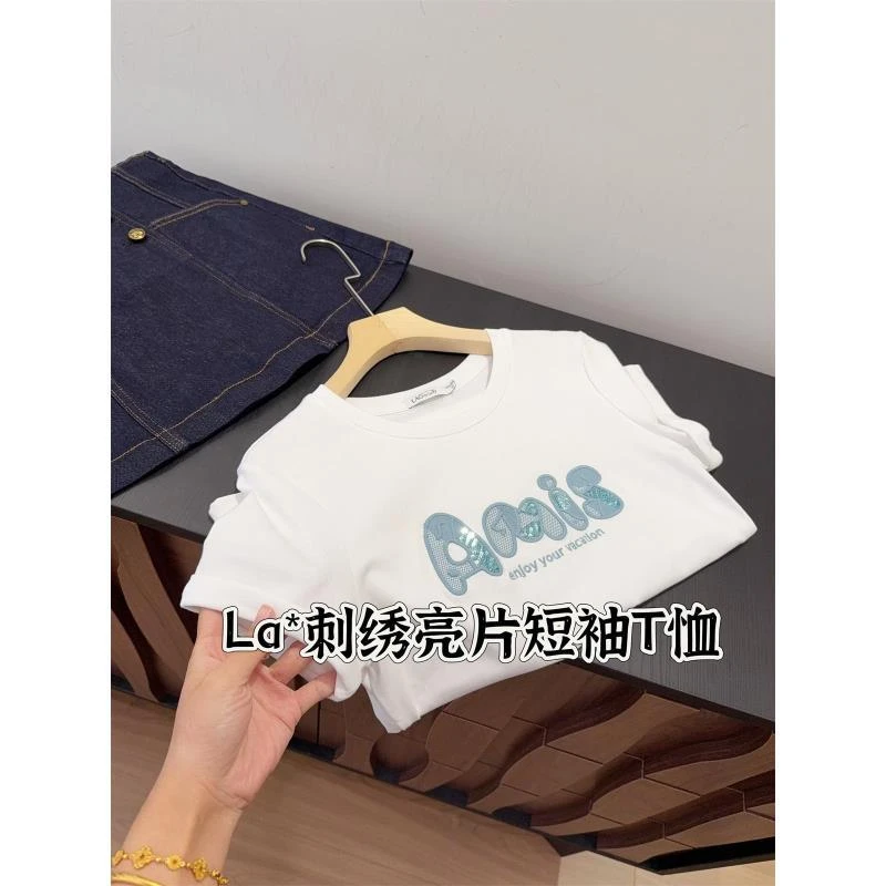 清仓 棉透气字母刺绣亮片圆领卷边短袖T恤女