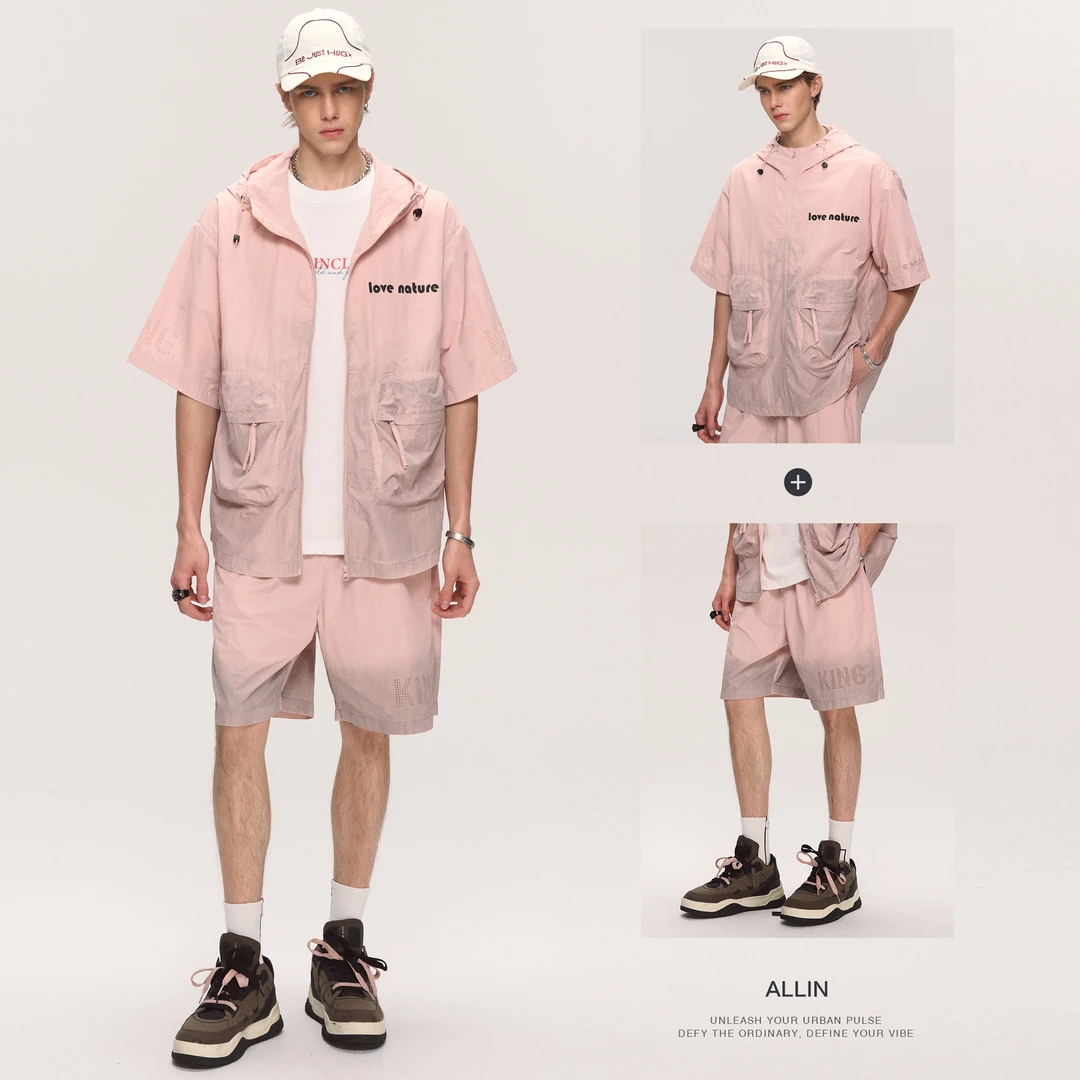 夏季连帽轻薄透气痞帅短袖夹克休闲短裤两件套宽松情侣潮牌套装