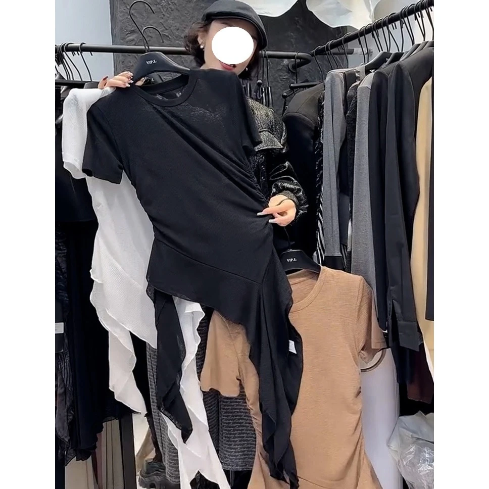 今年流行多巴胺掐腰显瘦上衣设计感小众黑色圆领飘带短袖t恤女夏