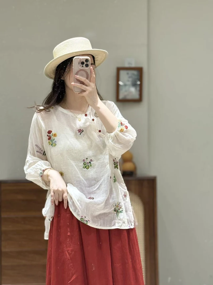 风青棉语【心若】常规苎麻圆领成人夏季刺绣斜襟上衣印花城市游牧风