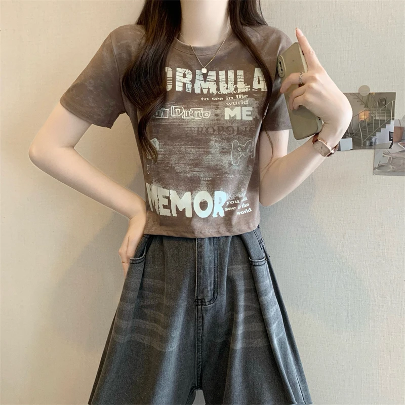 洋气衣服女洋气衣服女 新版美式复古扎染印花设计感短袖T恤