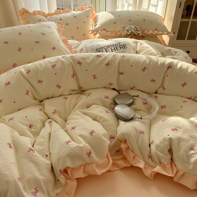 韩版花边少女心双层纱水洗针织棉公主风四件套学生宿舍三件套