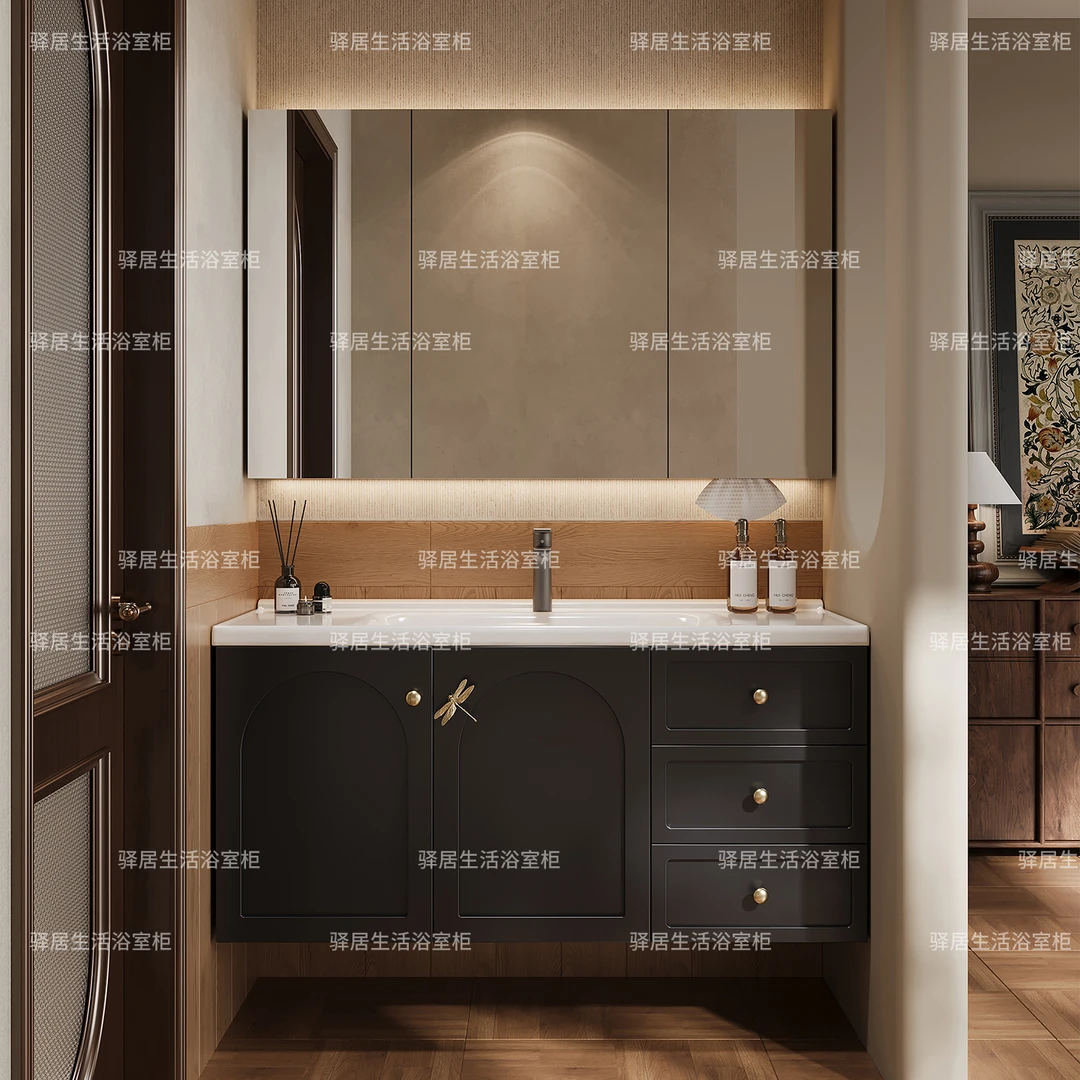 法式复古实木浴室柜智能组合陶瓷一体盆卫生间洗漱台洗手池洗脸盆