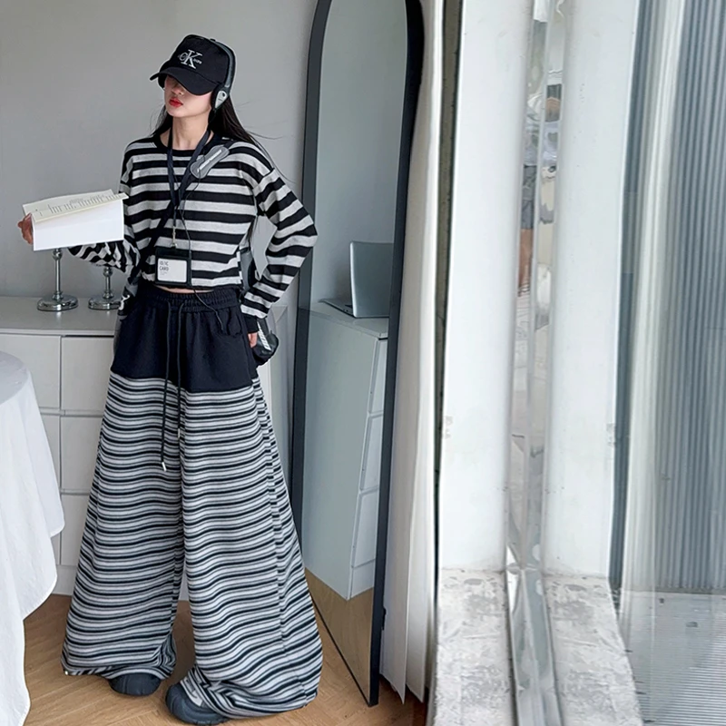 【嘻嘻柚】女童秋款韩系休闲条纹卫衣套装2025新款中大童抽绳两件套