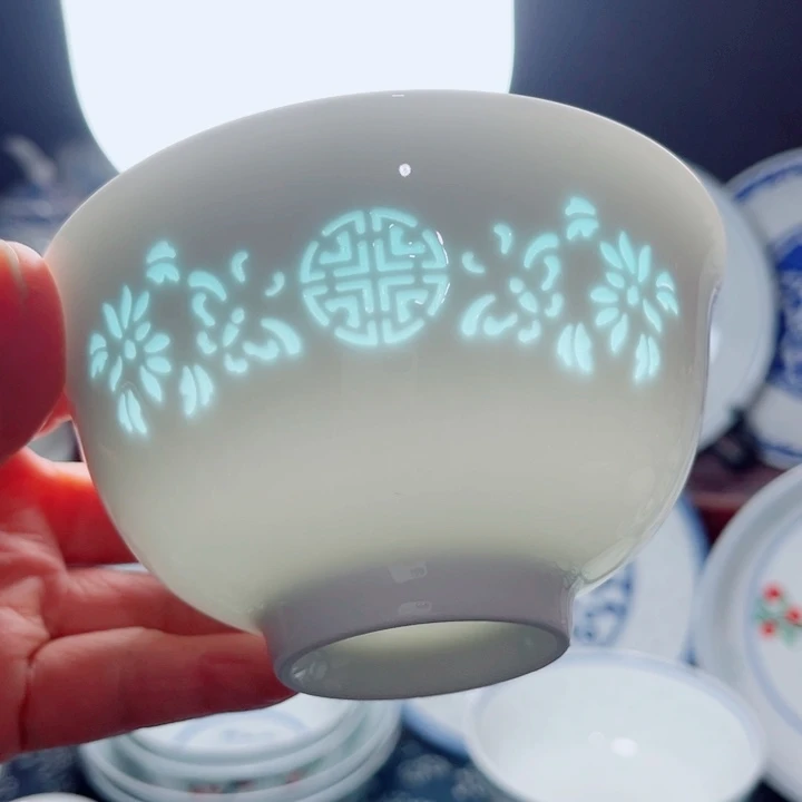 青花玲珑5寸小饭碗花雕
