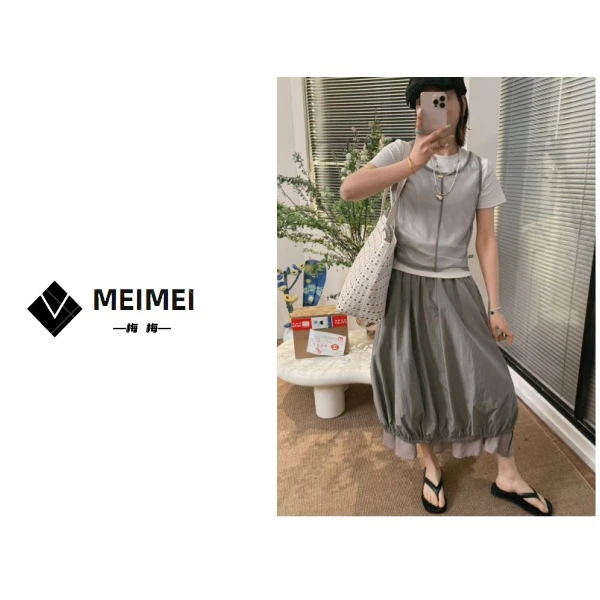 XMM【网纱两件套短袖T恤】显瘦气质百搭休闲时尚夏季短袖圆领33308#