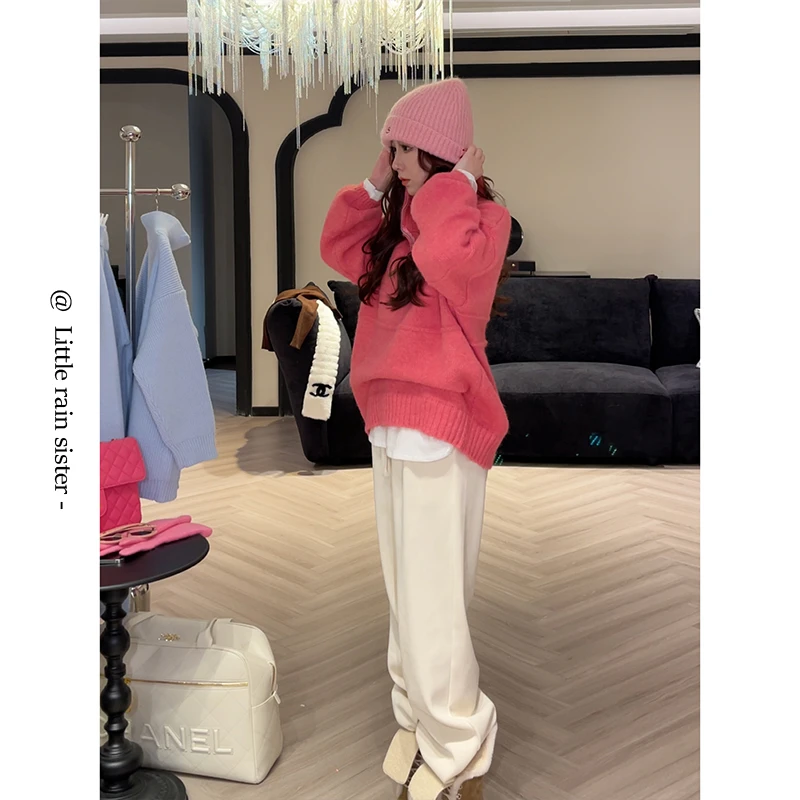 小雨姐姐【绛红毛衣】半高领拉链毛衣2023冬宽松显瘦立领针织毛衣