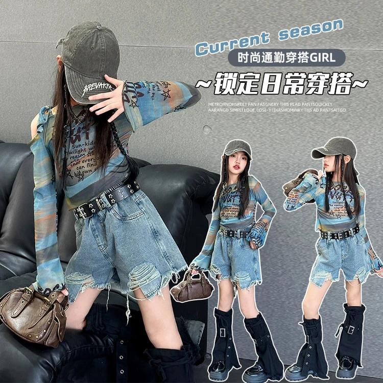 女大童短裤夏季牛仔裤子通勤宽松时髦秋装韩秋韩系浅色女童牛仔裤