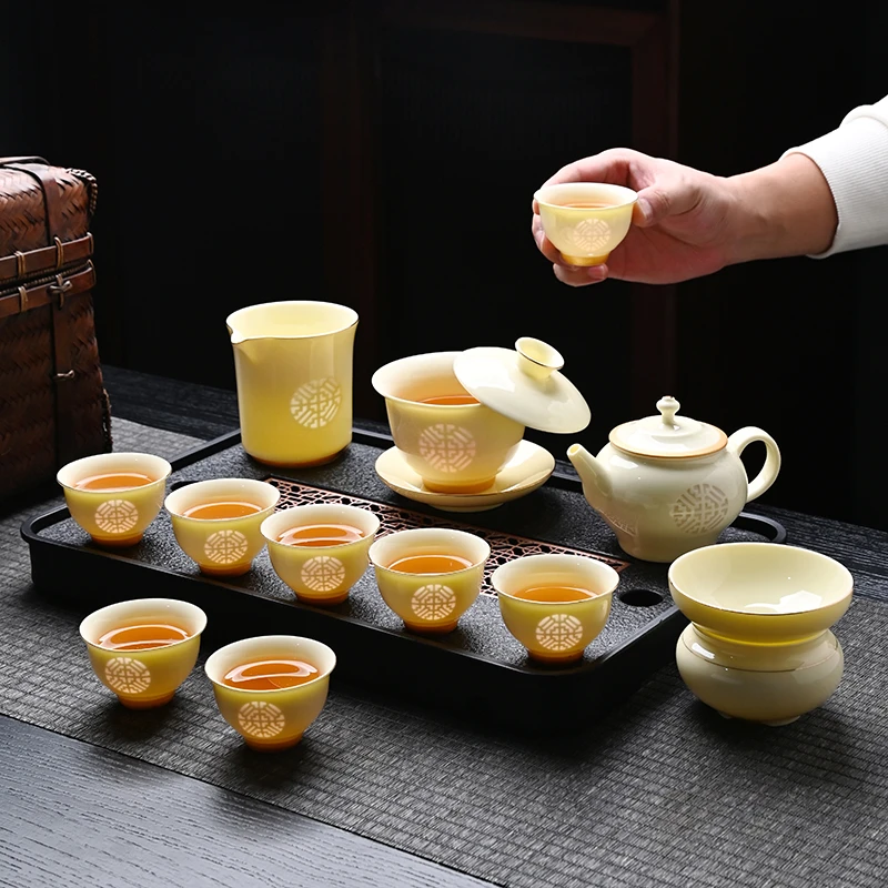 玲珑功夫茶具宝石黄羊脂玉高档陶瓷家用客厅盖碗茶壶茶杯茶盘