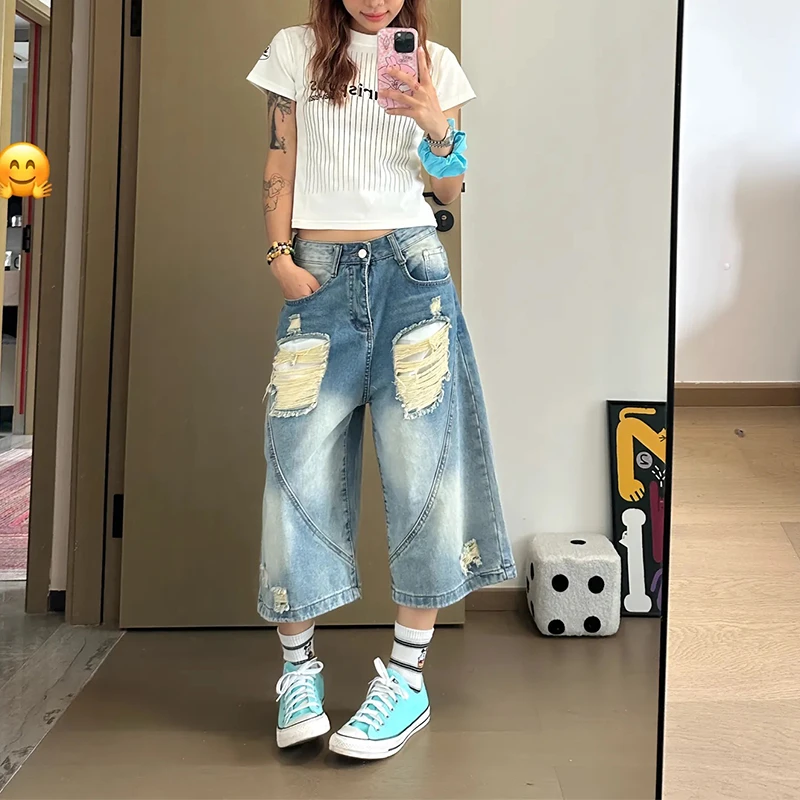 大码宽松显瘦百搭七分牛仔裤女夏季新款复古渐变水洗破洞阔腿中裤