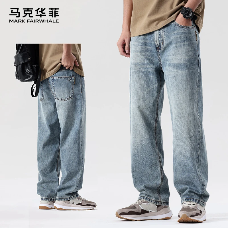 马克华菲夏季薄款莱赛尔牛仔裤男士潮牌宽松直筒水洗休闲长裤子男