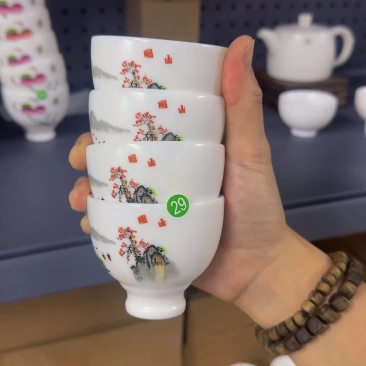 孤品羊脂玉猪油菜高脚杯四个一组29