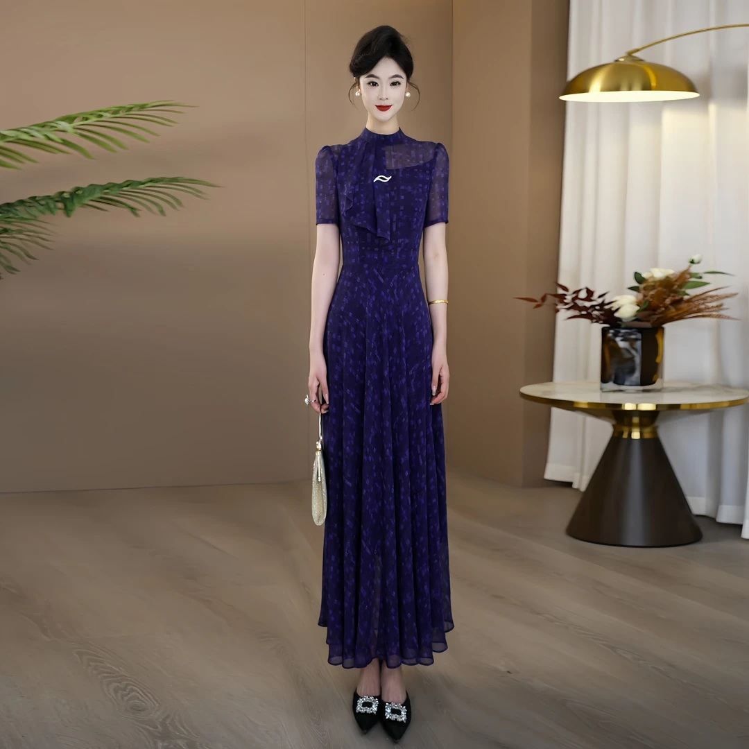 显白轻奢紫色吊带假两件连衣裙2025夏季新款轻薄透气吸汗长裙135