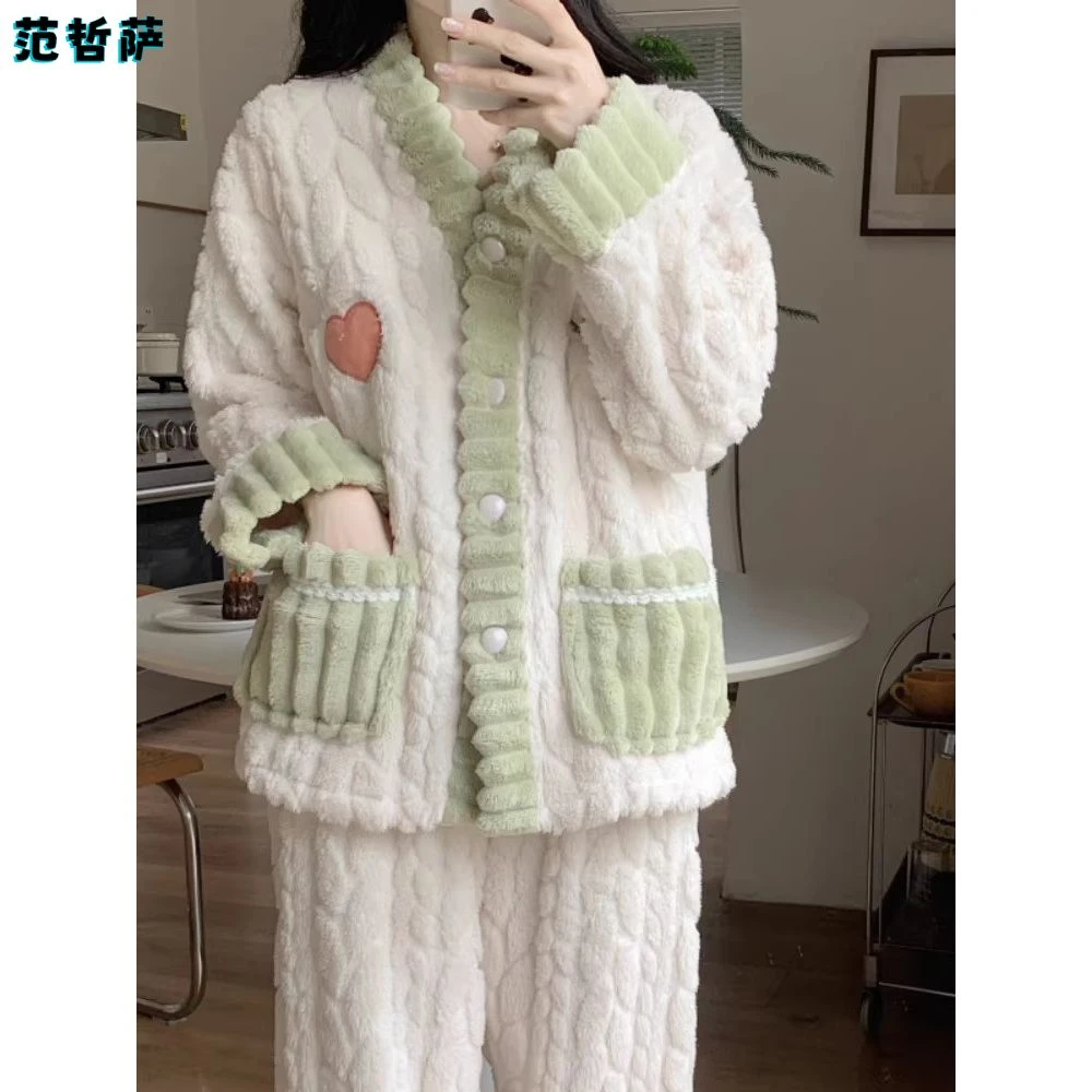 冬天珊瑚绒睡衣女冬季加绒加厚2025新款女士秋冬款法兰绒女款套装