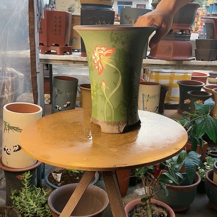 宜兴紫砂花盆花盆一念花开绿色大号