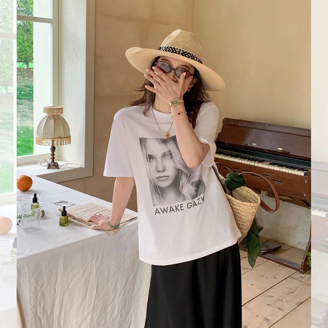 莉贝琳sisyT恤全棉百搭复古美式印花宽松短袖上衣女S25204TS07